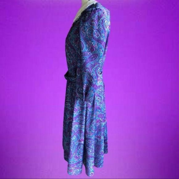 Vintage 80’s Paisley Lace Collar Dress Purple sz10 - Picture 3 of 16